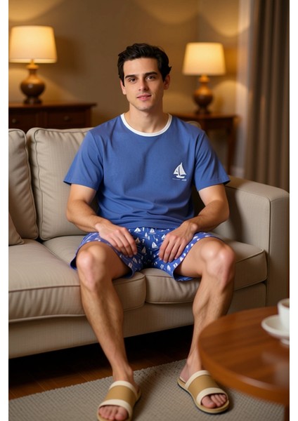 Erkek Bisiklet Yaka Kısa Kollu Baskılı Pijama Takımı Fonksiyonel Dayanıklı Kaliteli Modern