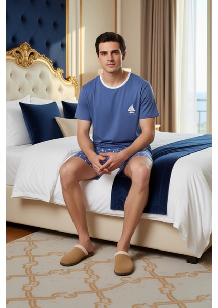 Erkek Bisiklet Yaka Kısa Kollu Baskılı Pijama Takımı Fonksiyonel Dayanıklı Kaliteli Modern modelleri