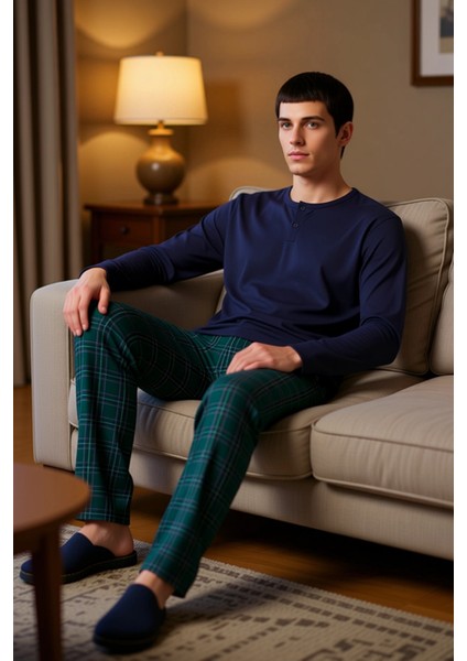 Erkek Düğmeli Yaka Ekose Pijama Takımı Fonksiyonel Dayanıklı Kaliteli Konforlu Estetik Şık
