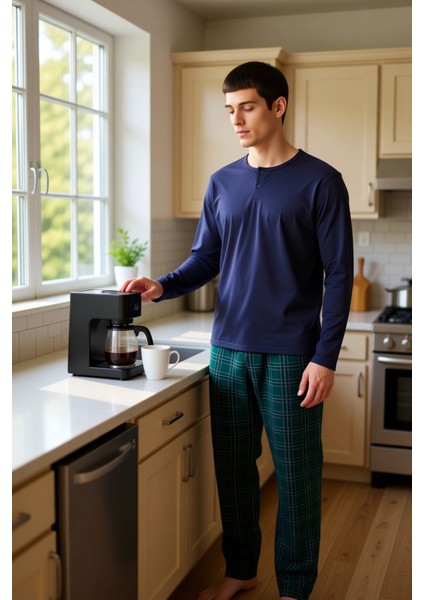 Erkek Düğmeli Yaka Ekose Pijama Takımı Fonksiyonel Dayanıklı Kaliteli Konforlu Estetik Şık fiyatları