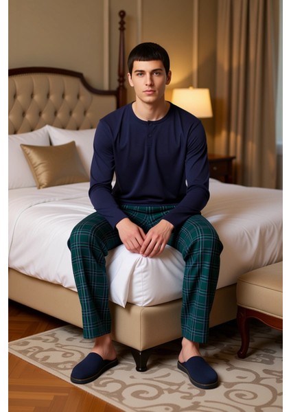 Erkek Düğmeli Yaka Ekose Pijama Takımı Fonksiyonel Dayanıklı Kaliteli Konforlu Estetik Şık modelleri