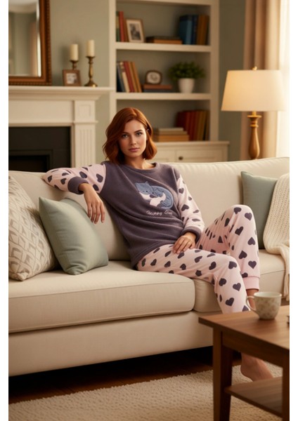 Kadin Kirmizi Kalp Desenli Polar Pijama Takımı ve Uyku Bandi Fonksiyonel Dayanıklı Estetik