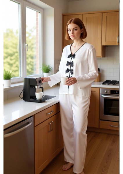 Kadın Saten Pijama Takımı Fiyonk Detaylı Fonksiyonel Dayanıklı Kaliteli Konforlu Estetik Şık