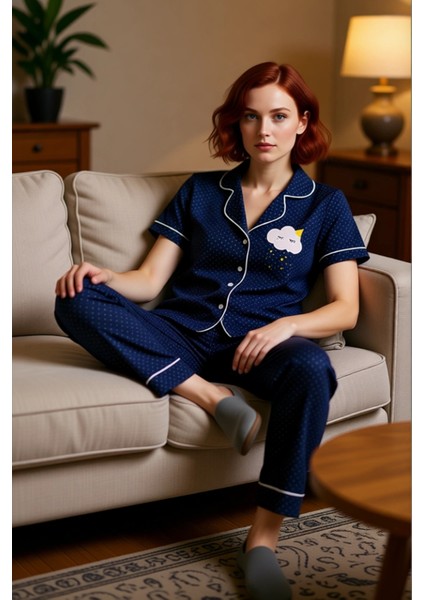 Kadın Puantiye Gömlek Yaka Pijama Takımı Fonksiyonel Dayanıklı Kaliteli Konforlu Estetik Şık