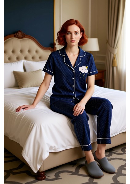 Kadın Puantiye Gömlek Yaka Pijama Takımı Fonksiyonel Dayanıklı Kaliteli Konforlu Estetik Şık modelleri
