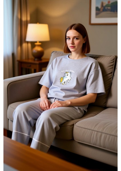 Kadin Ayicik Baskılı Wide Leg Pijama Takımı Fonksiyonel Dayanıklı Kaliteli Konforlu Modern