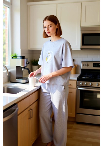 Kadin Ayicik Baskılı Wide Leg Pijama Takımı Fonksiyonel Dayanıklı Kaliteli Konforlu Modern fiyatları