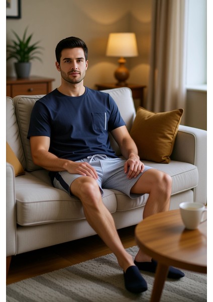 Erkek Bisiklet Yaka Kısa Kollu Örme Pijama Takımı Fonksiyonel Dayanıklı Kaliteli Konforlu Şık