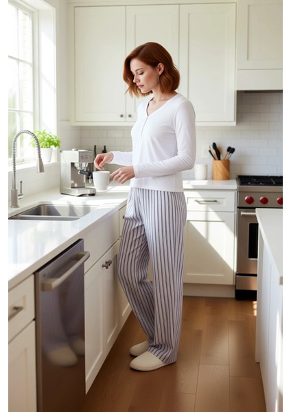 Kadın Lila Çizgili Pijama Takımı Uzun Kollu Viskon Fonksiyonel Dayanıklı Kaliteli Konforlu