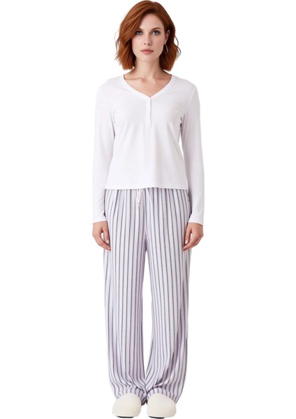Kadın Lila Çizgili Pijama Takımı Uzun Kollu Viskon Fonksiyonel Dayanıklı Kaliteli Konforlu modelleri