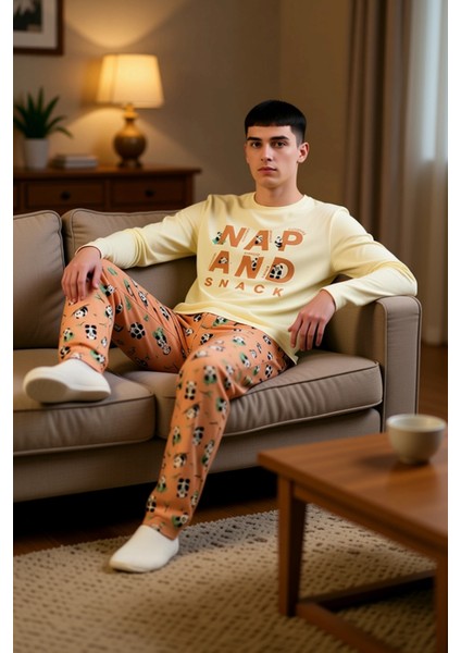 Kadın Panda Desenli Bisiklet Yaka Uzun Kollu Pijama Takımı Fonksiyonel Dayanıklı Kaliteli Şık