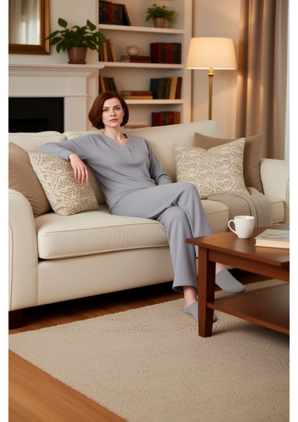 Kadın Melanj V Yaka Waffle Pijama Takımı Fonksiyonel Dayanıklı Kaliteli Konforlu Estetik Şık