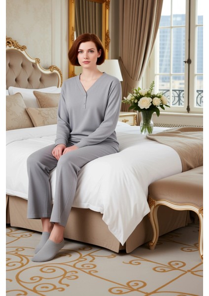 Kadın Melanj V Yaka Waffle Pijama Takımı Fonksiyonel Dayanıklı Kaliteli Konforlu Estetik Şık modelleri