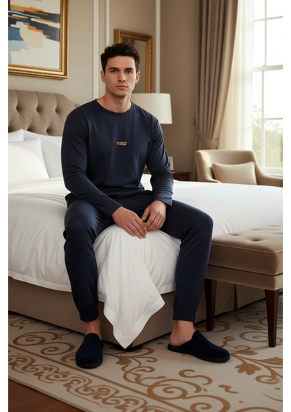 Erkek Bisiklet Yaka Baskılı Uzun Kollu Pijama Takımı Fonksiyonel Dayanıklı Kaliteli Modern modelleri