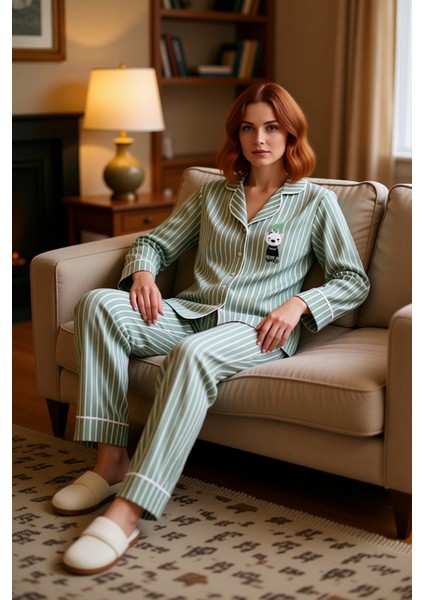 Kadın Açık Çizgili Penguen Detaylı Pijama Takımı Fonksiyonel Dayanıklı Kaliteli Konforlu Şık