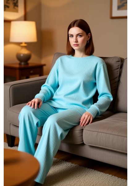 Kadın Fitilli Örme Bisiklet Yaka Uzun Kollu Pijama Takımı Fonksiyonel Dayanıklı Kaliteli Şık