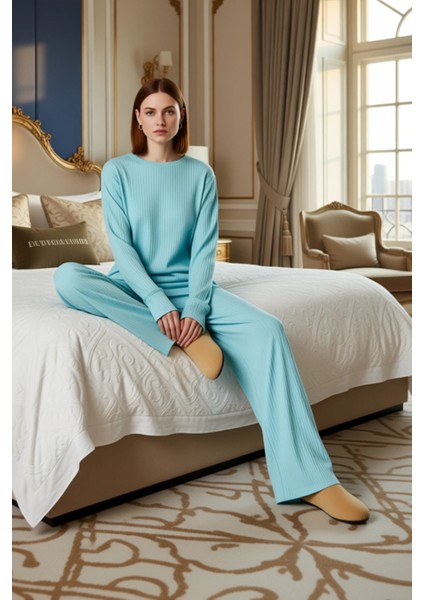 Kadın Fitilli Örme Bisiklet Yaka Uzun Kollu Pijama Takımı Fonksiyonel Dayanıklı Kaliteli Şık modelleri