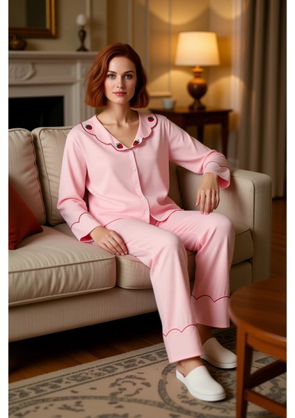 Kadın Çilek Nakışlı Viskon Gömlek Yaka Pijama Takımı Fonksiyonel Dayanıklı Kaliteli Modern