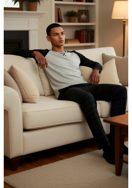 Erkek Bisiklet Yaka Kareli Pijama Takımı Uzun Kollu Fonksiyonel Dayanıklı Kaliteli Estetik