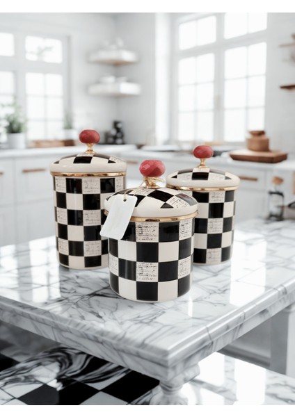 Premium Quality Dama Desenli Emaye 3 Parça Kavanoz Seti