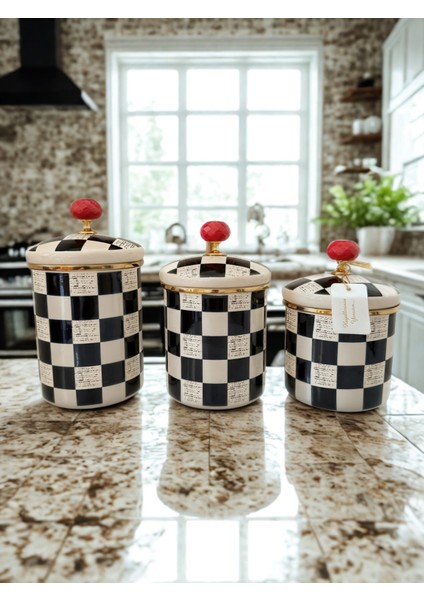 Premium Quality Dama Desenli Emaye 3 Parça Kavanoz Seti modelleri