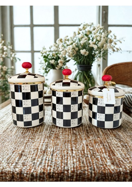 Premium Quality Dama Desenli Emaye 3 Parça Kavanoz Seti indirimleri