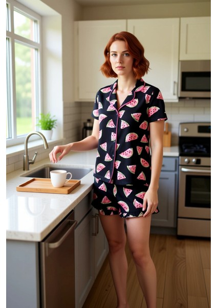 Yazlık Karpuz Desenli Gömlek ve Fırfırlı Şort Pijama Takımı Kadın Fonksiyonel Dayanıklı Şık