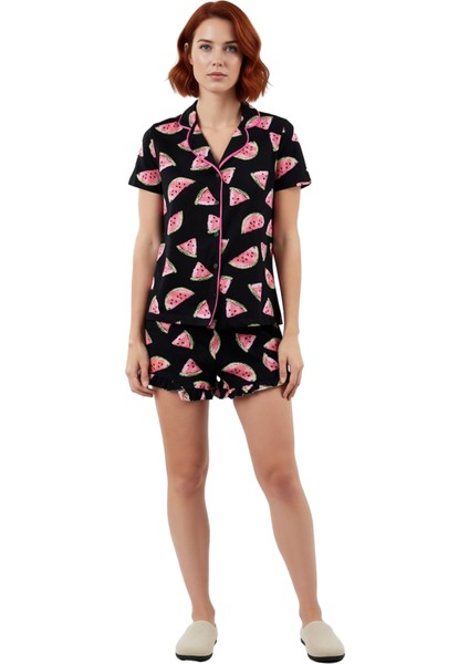 Yazlık Karpuz Desenli Gömlek ve Fırfırlı Şort Pijama Takımı Kadın Fonksiyonel Dayanıklı Şık modelleri