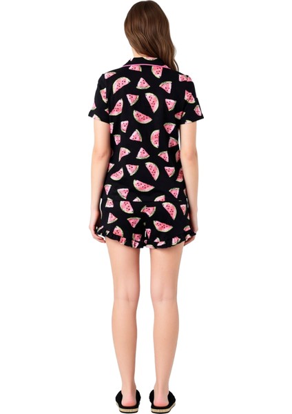 Yazlık Karpuz Desenli Gömlek ve Fırfırlı Şort Pijama Takımı Kadın Fonksiyonel Dayanıklı Şık fırsatları