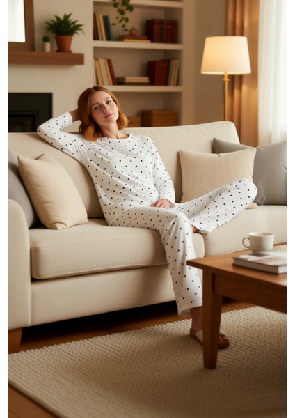 Kadın Kalp ve Puantiye Desenli Pamuklu Pijama Takımı Fonksiyonel Dayanıklı Kaliteli Modern