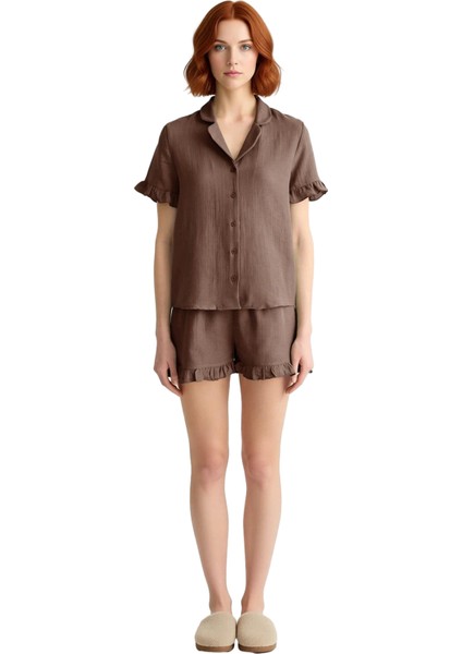 Kadın Fırfırlı Müslin Pijama Takımı Kısa Kollu Gömlek Şort Fonksiyonel Dayanıklı Kaliteli Şık modelleri