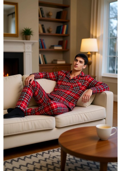 Erkek Kirmizi Ekose Gömlek ve Pantolon Pijama Takımı Fonksiyonel Dayanıklı Kaliteli Modern