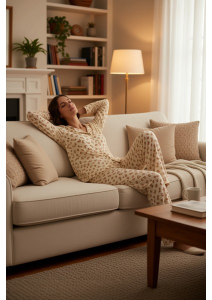 Kadın Kruvasan Desenli Viskon Pijama Takımı Uzun Kollu Gömlek ve Pantolon Fonksiyonel Spor