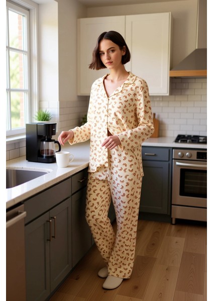 Kadın Kruvasan Desenli Viskon Pijama Takımı Uzun Kollu Gömlek ve Pantolon Fonksiyonel Spor fiyatları