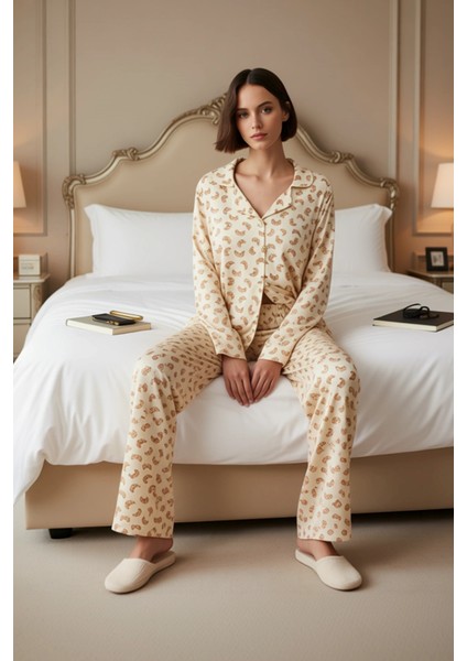 Kadın Kruvasan Desenli Viskon Pijama Takımı Uzun Kollu Gömlek ve Pantolon Fonksiyonel Spor modelleri