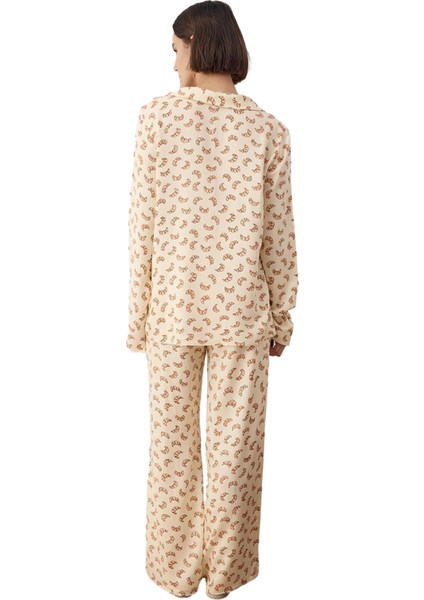 Kadın Kruvasan Desenli Viskon Pijama Takımı Uzun Kollu Gömlek ve Pantolon Fonksiyonel Spor indirimleri