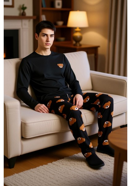 Erkek Ayıcık Baskılı Bisiklet Yaka Pijama Takımı Fonksiyonel Dayanıklı Kaliteli Konforlu Şık