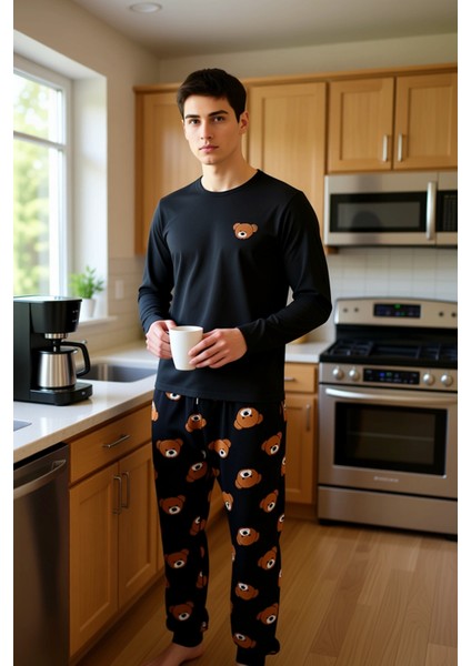 Erkek Ayıcık Baskılı Bisiklet Yaka Pijama Takımı Fonksiyonel Dayanıklı Kaliteli Konforlu Şık fiyatları