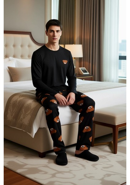 Erkek Ayıcık Baskılı Bisiklet Yaka Pijama Takımı Fonksiyonel Dayanıklı Kaliteli Konforlu Şık modelleri