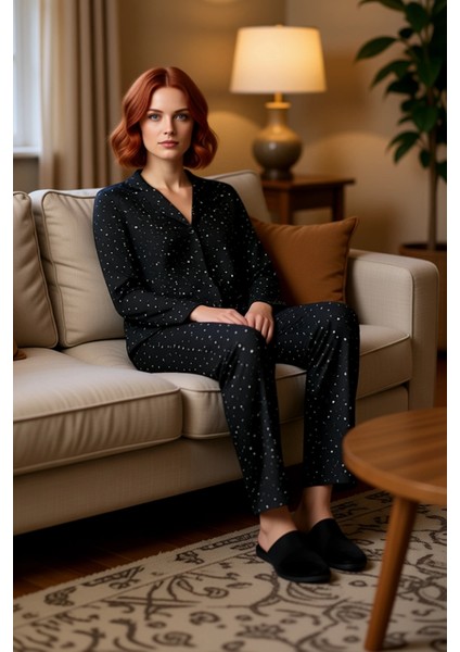 Kadın Yıldız Desenli Gömlek ve Boru Paça Pijama Takımı Fonksiyonel Dayanıklı Kaliteli Spor