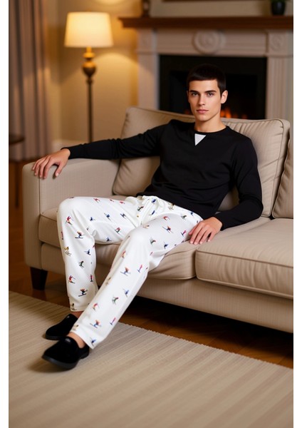 Erkek Bisiklet Yaka Waffle Pijama Takımı Kayak Desenli Pantolon Fonksiyonel Dayanıklı Spor