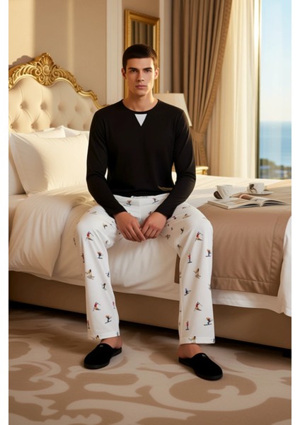 Erkek Bisiklet Yaka Waffle Pijama Takımı Kayak Desenli Pantolon Fonksiyonel Dayanıklı Spor modelleri