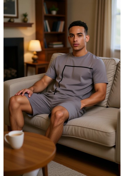 Erkek Bisiklet Yaka Baskılı Ev Giyim Takımı Fonksiyonel Dayanıklı Kaliteli Konforlu Modern