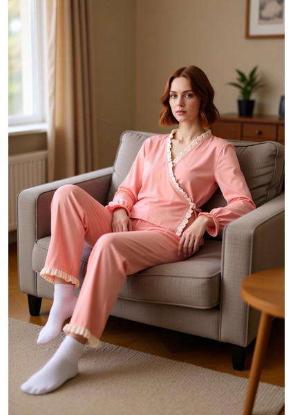 Kadın Fırfırlı Kruvaze Yaka Pijama Takımı Fonksiyonel Dayanıklı Kaliteli Konforlu Estetik Şık