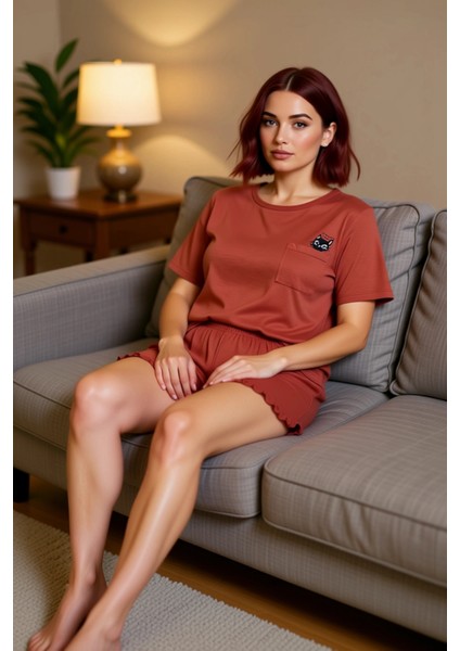 Kadın Açık Kedi Baskılı Bisiklet Yaka Kısa Kollu Pijama Takımı Fonksiyonel Dayanıklı Rahat