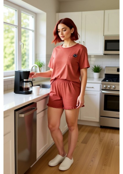 Kadın Açık Kedi Baskılı Bisiklet Yaka Kısa Kollu Pijama Takımı Fonksiyonel Dayanıklı Rahat fiyatları