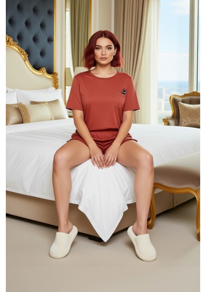 Kadın Açık Kedi Baskılı Bisiklet Yaka Kısa Kollu Pijama Takımı Fonksiyonel Dayanıklı Rahat modelleri