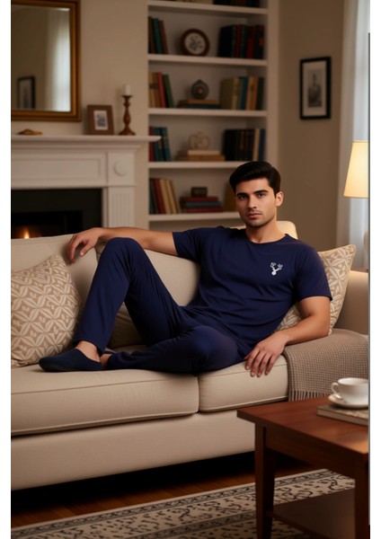 Erkek Bisiklet Yaka Kısa Kol Baskılı Pijama Takımı Fonksiyonel Dayanıklı Kaliteli Konforlu