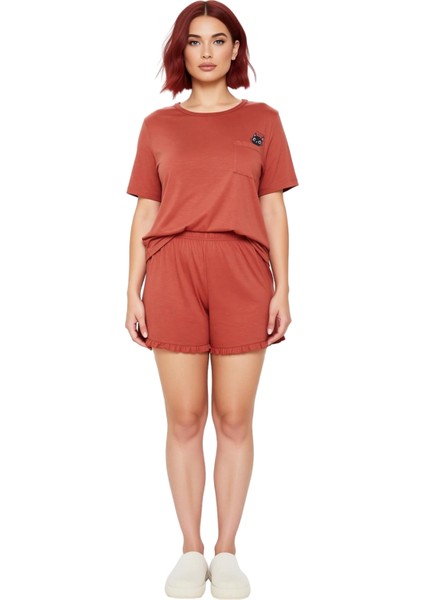 Kadın Açık Kedi Baskılı Bisiklet Yaka Kısa Kollu Pijama Takımı Fonksiyonel Dayanıklı Rahat fırsatları