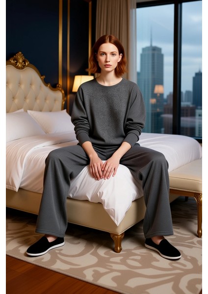 Kadın Antrasit Fitilli Örme Bisiklet Yaka Pijama Takımı Fonksiyonel Dayanıklı Kaliteli Şık modelleri